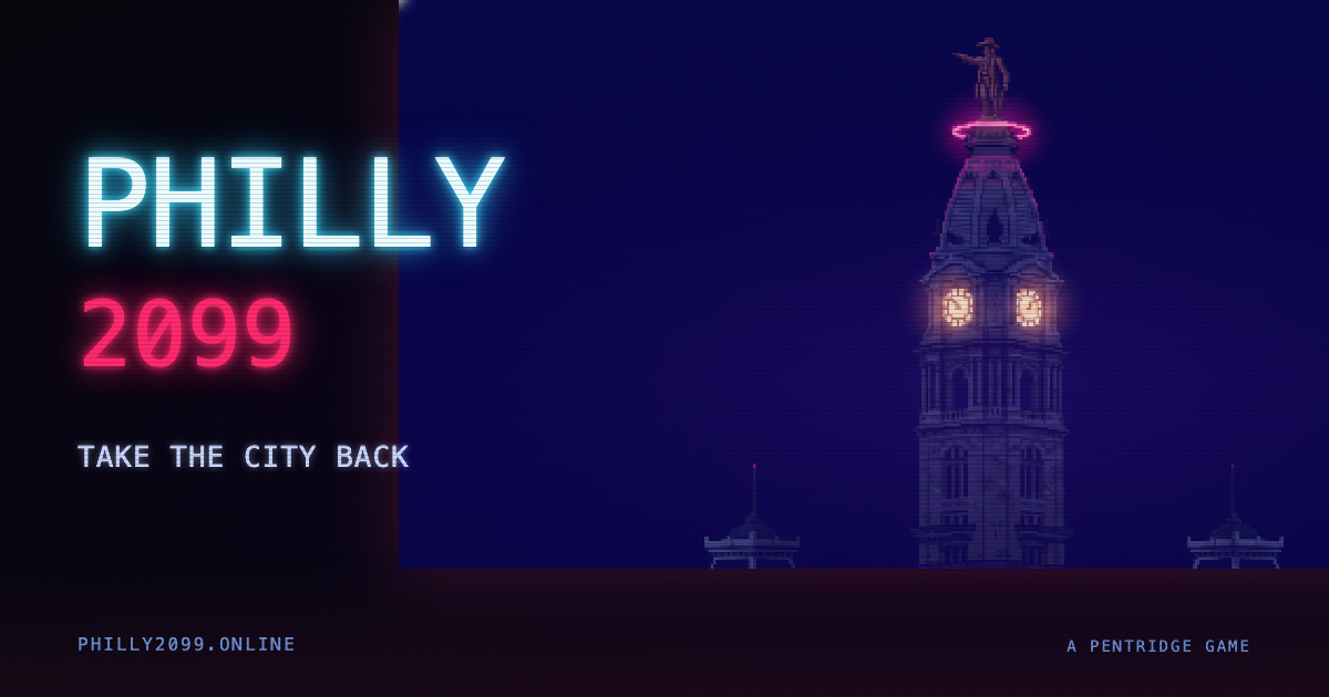 Philly 2099 — cyberpunk City Hall with the William Penn statue silhouetted against a dark skyline.